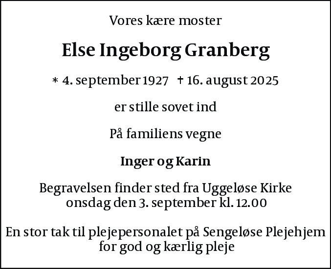 Dødsannonce for Else Ingeborg Granberg