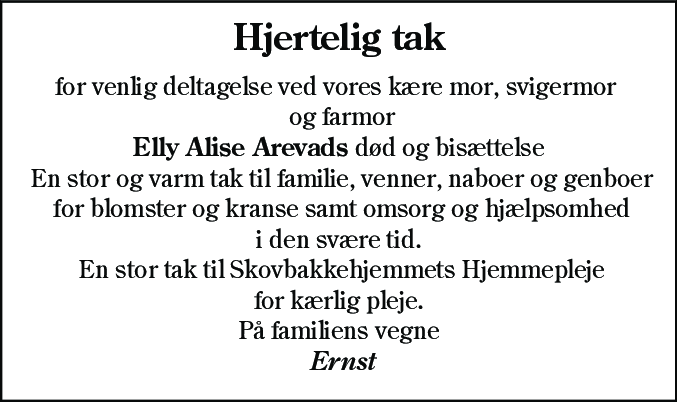 Dødsannonce for Elly Alise Arevad