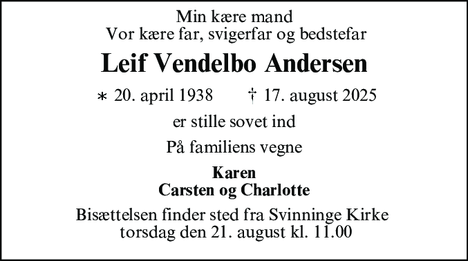 Dødsannonce for Leif Vendelbo Andersen