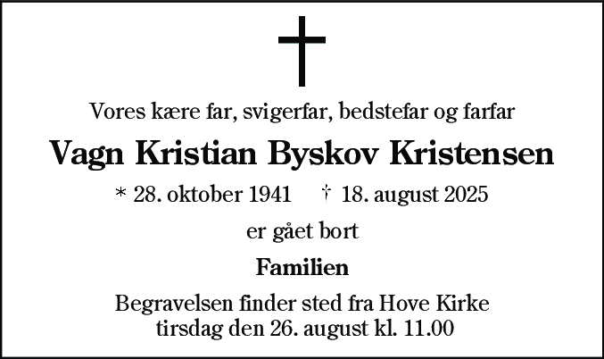 Dødsannonce for Vagn Kristian Byskov Kristensen