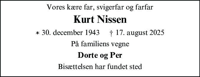 Dødsannonce for Kurt Nissen