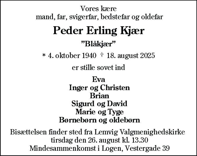 Dødsannonce for Peder Erling Kjær