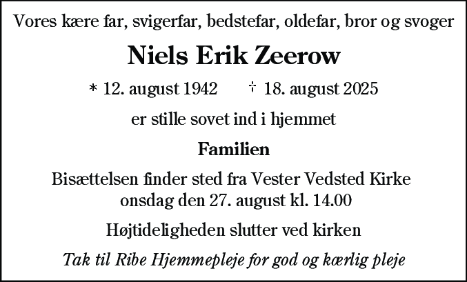 Dødsannonce for Niels Erik Zeerow