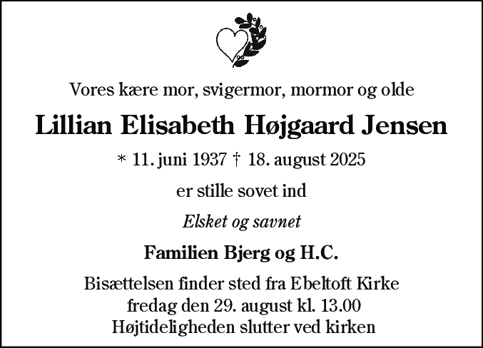 Dødsannonce for Lillian Elisabeth Højgaard Jensen