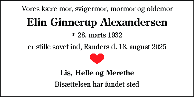 Dødsannonce for Elin Ginnerup Alexandersen