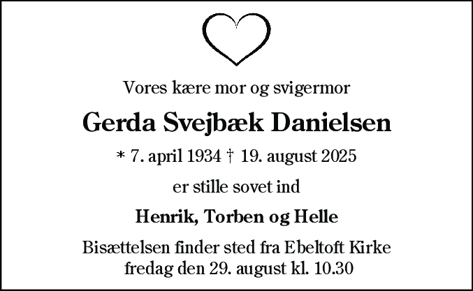Dødsannonce for Gerda Danielsen