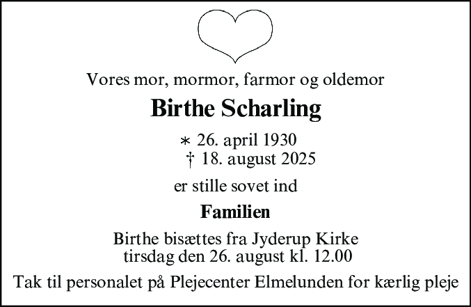 Dødsannonce for Birthe Helena Scharling