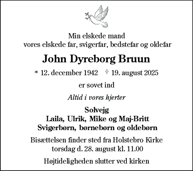 Dødsannonce for John Dyreborg Bruun