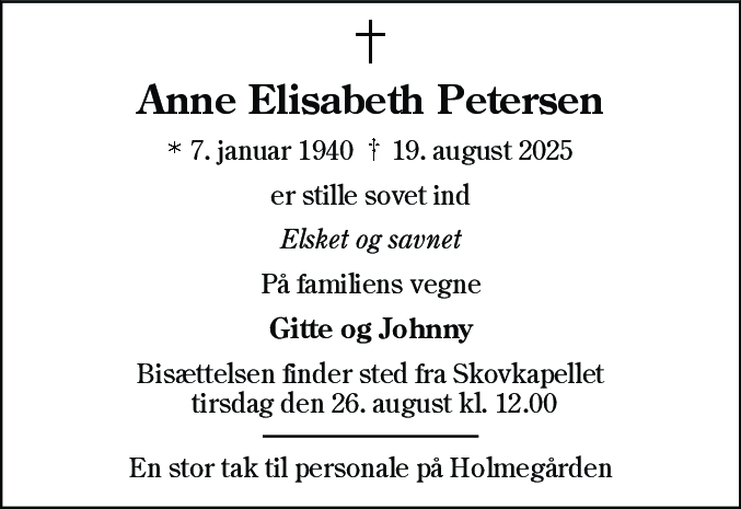 Dødsannonce for Anne Elisabeth Petersen