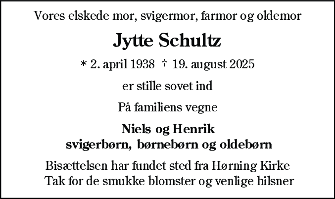 Dødsannonce for Jytte Schultz