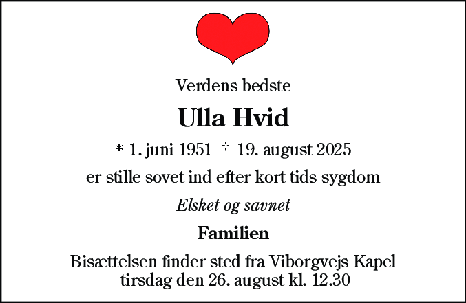 Dødsannonce for Ulla Hvid
