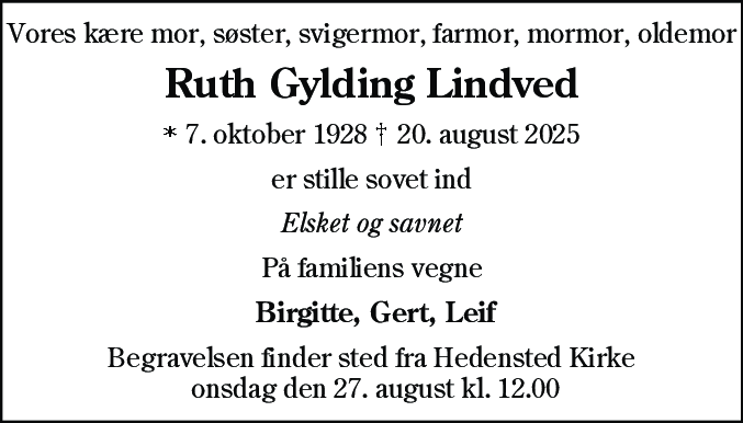 Dødsannonce for Ruth Gylding Lindved
