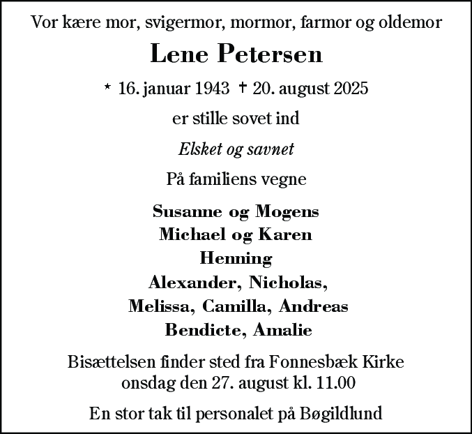 Dødsannonce for Lene Petersen