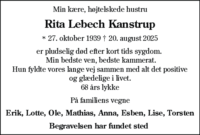 Dødsannonce for Rita Lebech Kanstrup