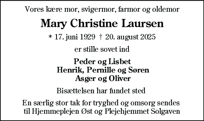 Dødsannonce for Mary Christine Laursen