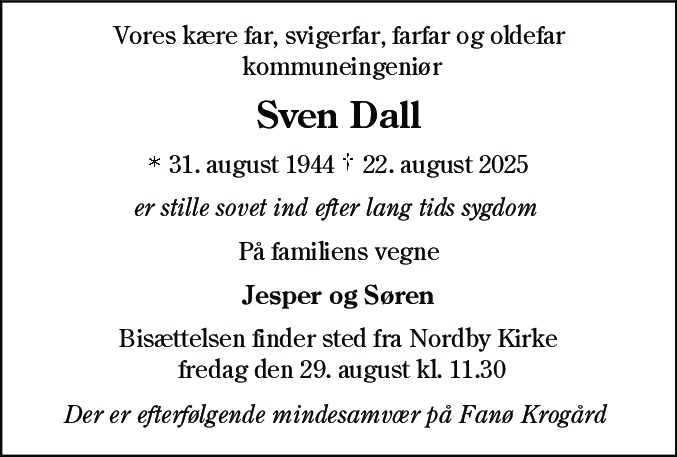 Dødsannonce for Sven Dall
