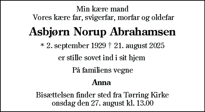 Dødsannonce for Asbjørn Norup Abrahamsen
