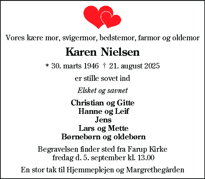 Dødsannonce for Karen Johanne Larsen Nielsen