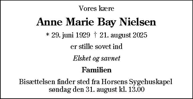 Dødsannonce for Anne Marie Bay Nielsen