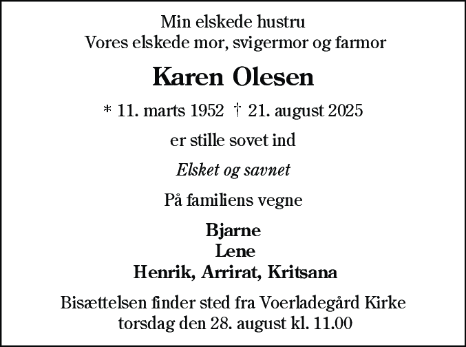 Dødsannonce for Karen Olesen