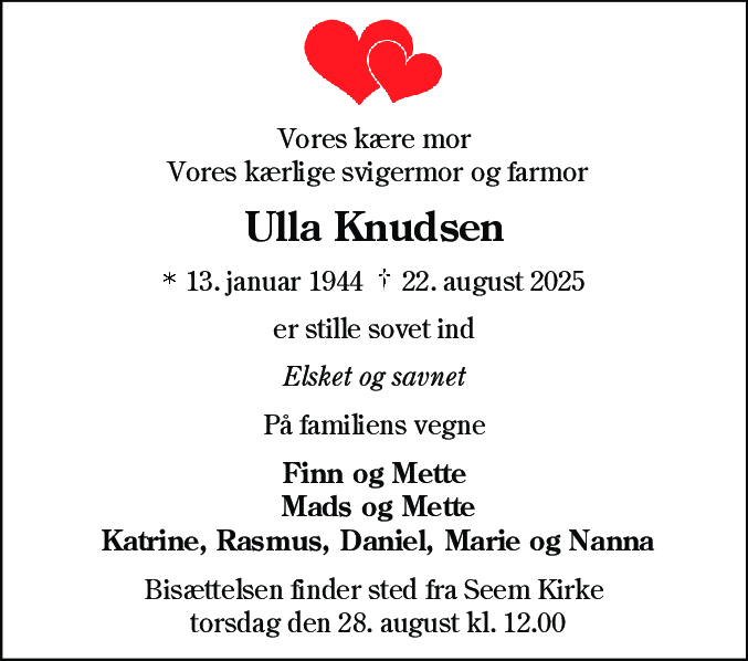 Dødsannonce for Ulla Knudsen