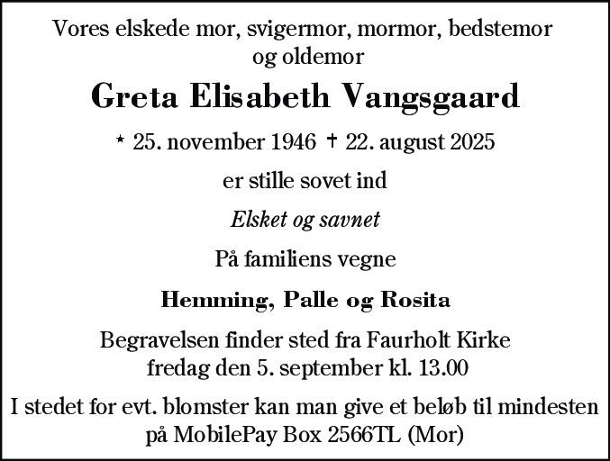 Dødsannonce for Greta Elisabeth Vangsgaard