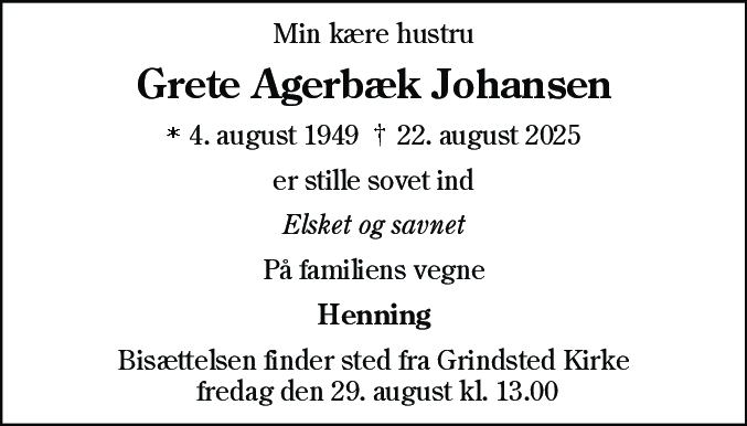 Dødsannonce for Grete Agerbæk Johansen