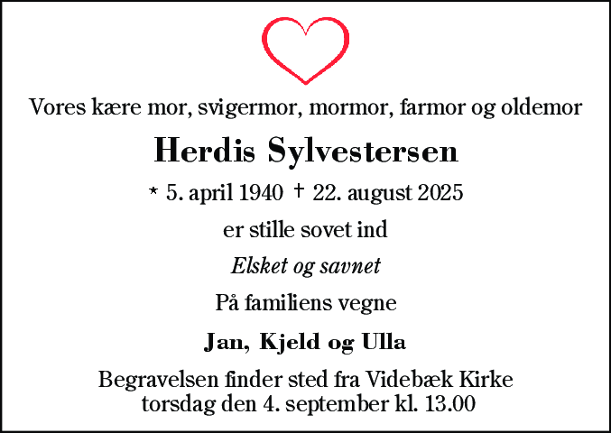 Dødsannonce for Herdis Sylvestersen