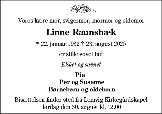 Dødsannonce for Dusine Karoline Raunsbæk