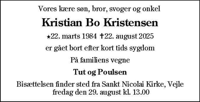 Dødsannonce for Kristian Bo Kristensen