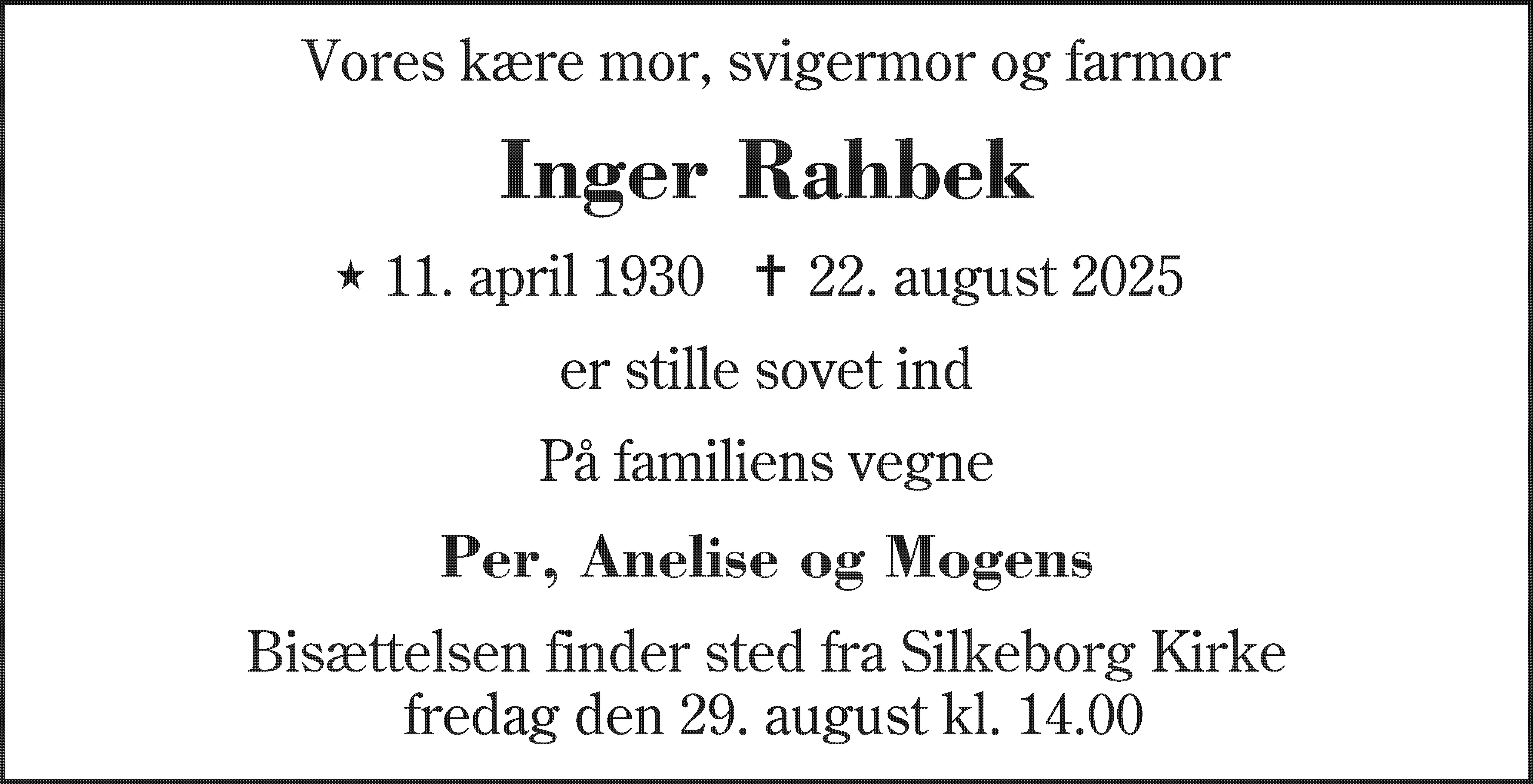 Dødsannonce for Inger Rahbek