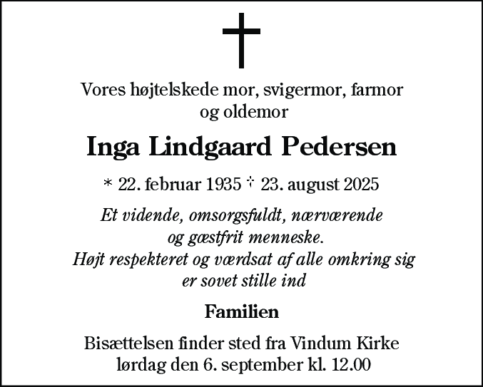 Dødsannonce for Inga Lindgaard Pedersen