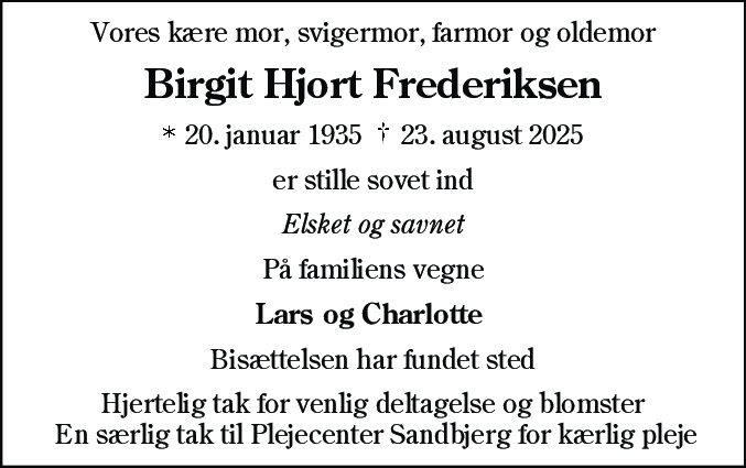 Dødsannonce for Birgit Hjort Frederiksen