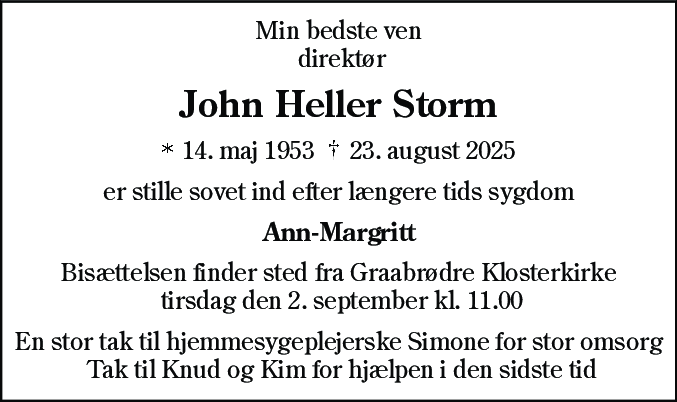 Dødsannonce for John Heller Storm