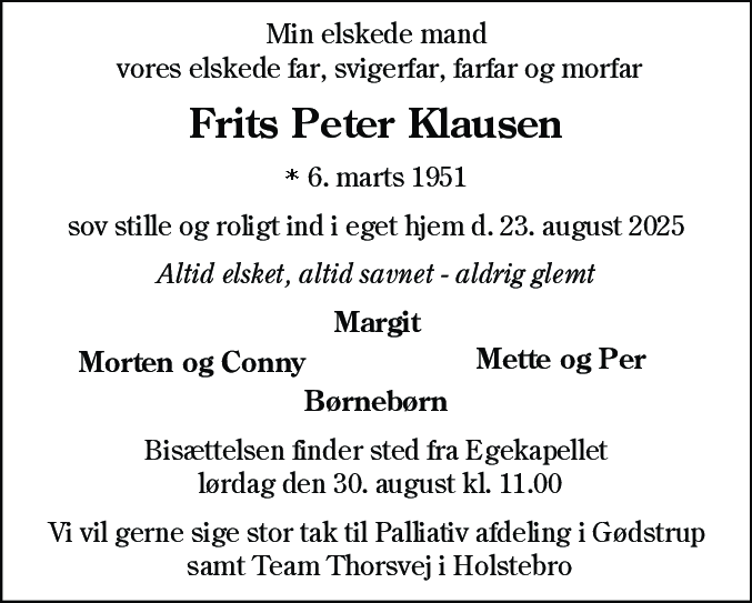 Dødsannonce for Frits Peter Klausen