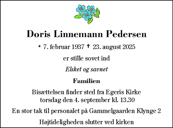 Dødsannonce for Elly Doris Linnemann Pedersen