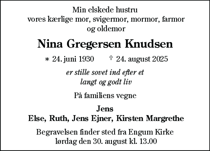 Dødsannonce for Nina Gregersen Knudsen