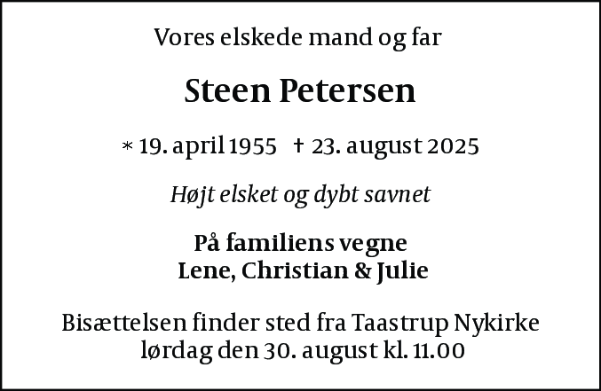 Dødsannonce for Steen Petersen