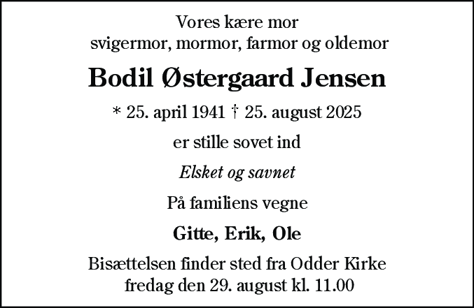Dødsannonce for Bodil Østergaard Jensen