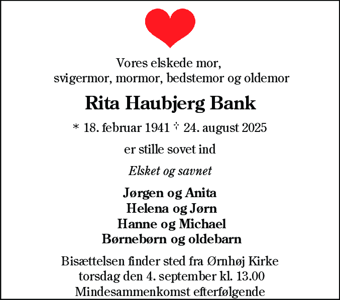 Dødsannonce for Rita Haubjerg Bank