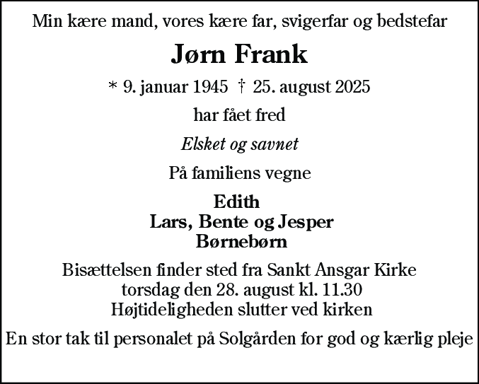 Dødsannonce for Jørn Frank