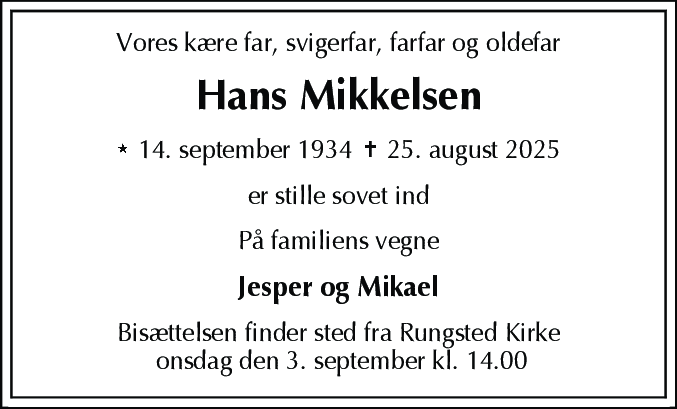 Dødsannonce for Hans Mikkelsen