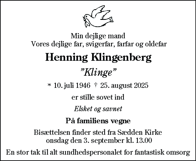 Dødsannonce for Henning Klingenberg