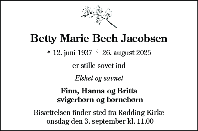Dødsannonce for Betty Marie Bech Jacobsen