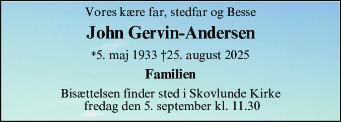 Dødsannonce for John Aage Gervin-Andersen