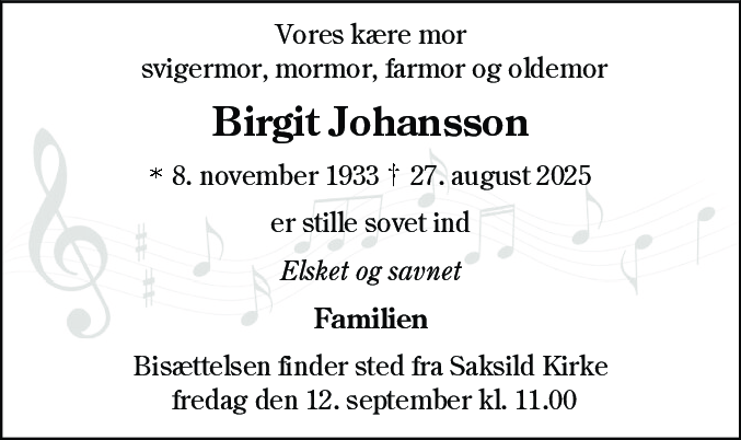 Dødsannonce for Birgit Johansson