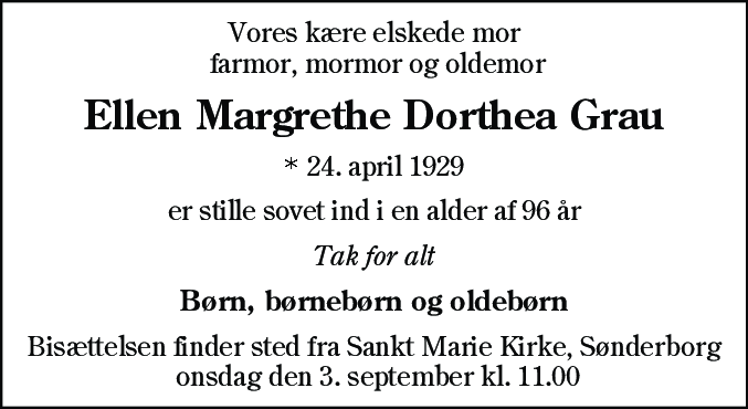 Dødsannonce for Ellen Margrethe Dorthea Grau
