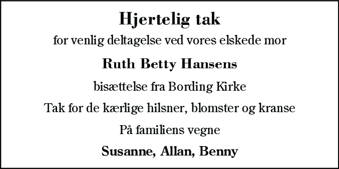 Dødsannonce for Ruth Betty Hansen