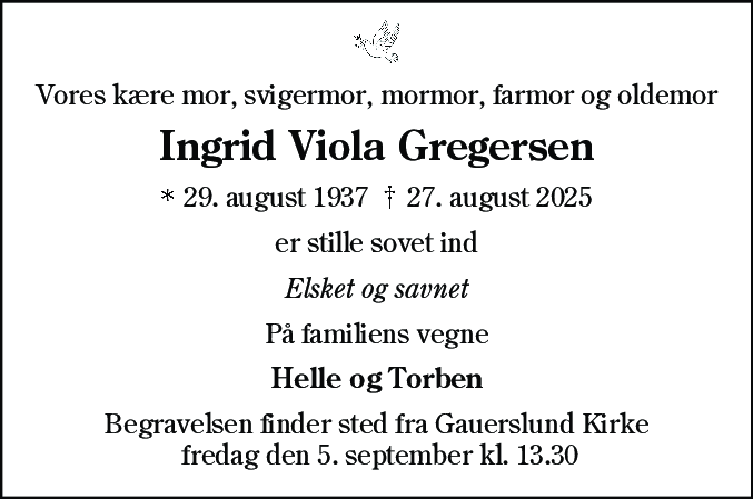 Dødsannonce for Ingrid Viola Gregersen