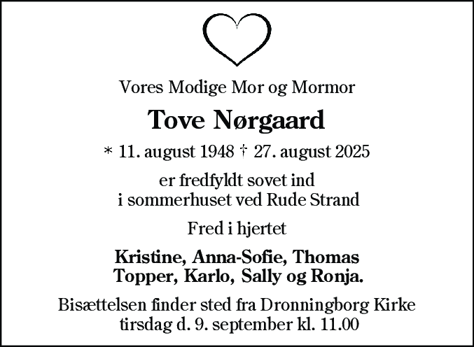 Dødsannonce for Tove Nørgaard